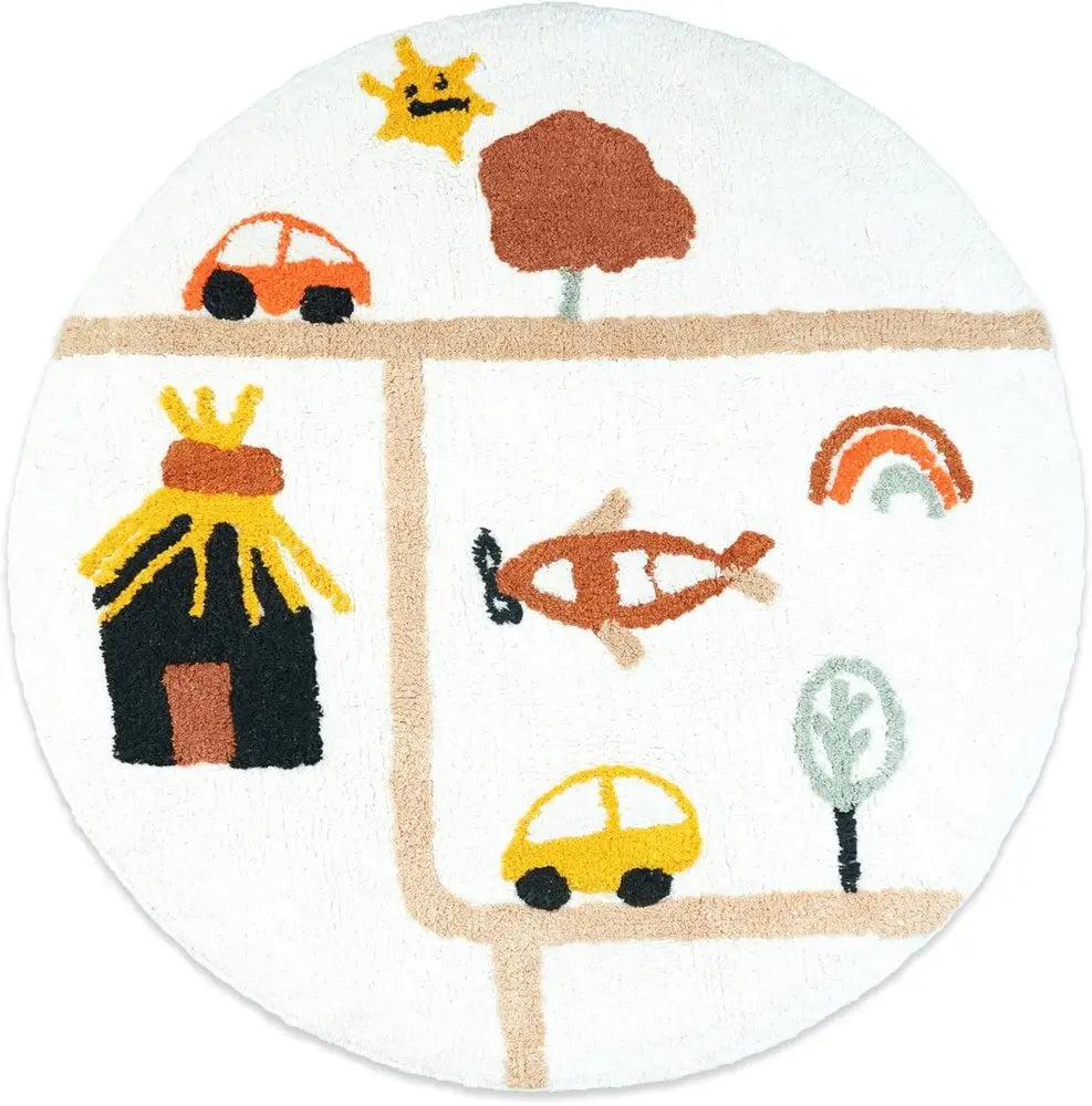 32" White Yellow And Red Cotton Cars Round Youthful Bath Rug HomeRoots