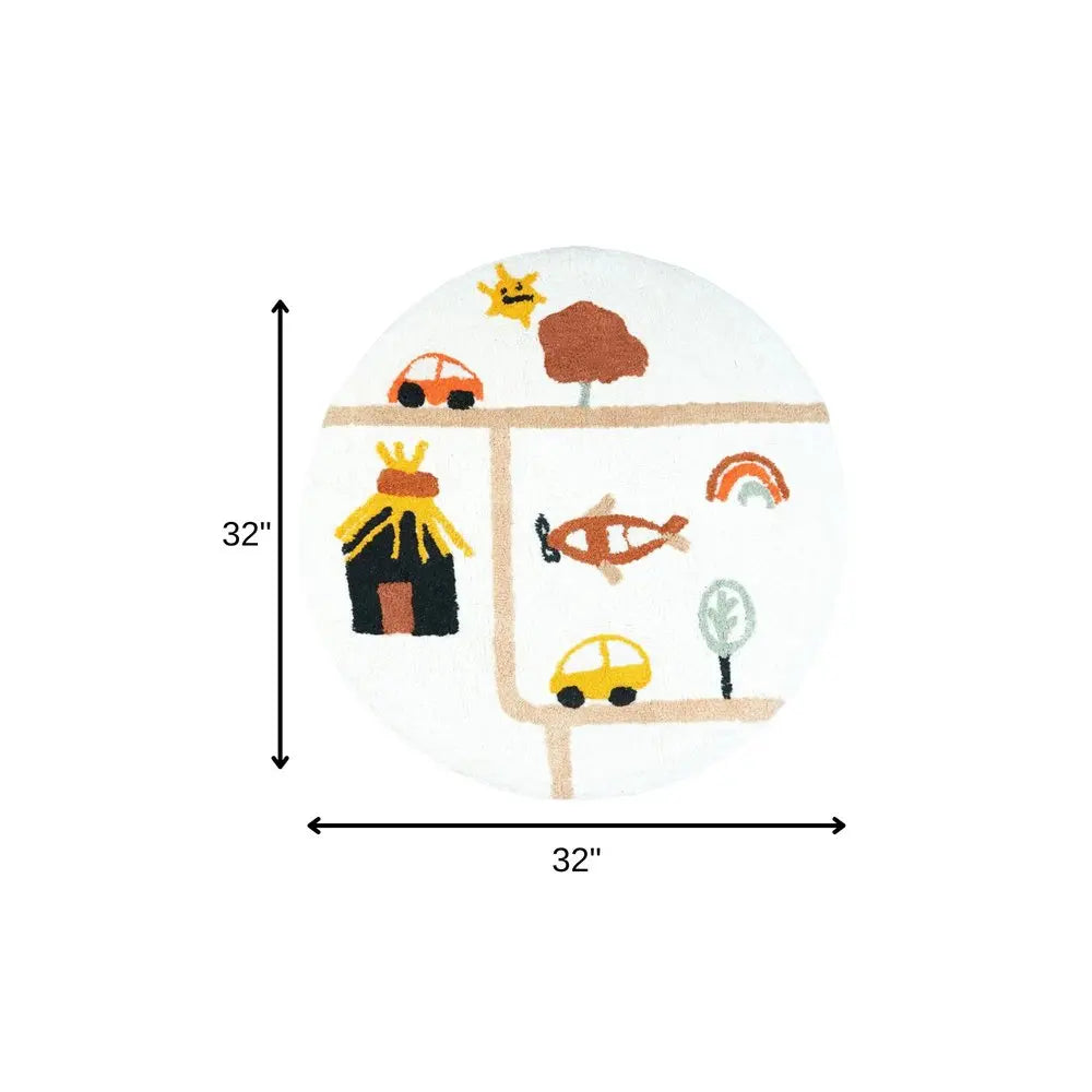 32" White Yellow And Red Cotton Cars Round Youthful Bath Rug HomeRoots