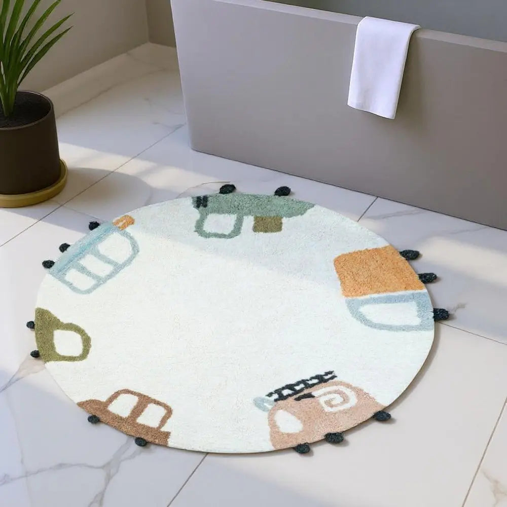 32" Blue Green And White Cotton Cars Round Youthful Bath Rug HomeRoots