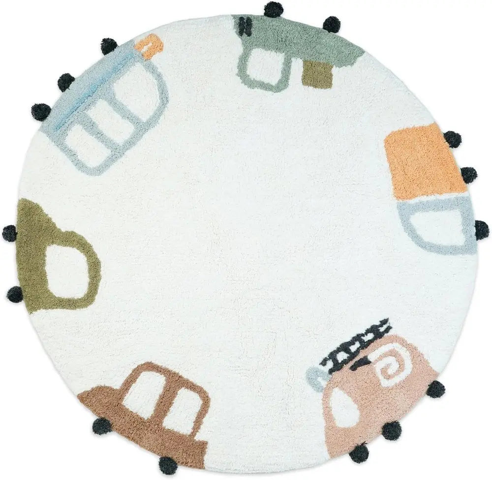 32" Blue Green And White Cotton Cars Round Youthful Bath Rug HomeRoots
