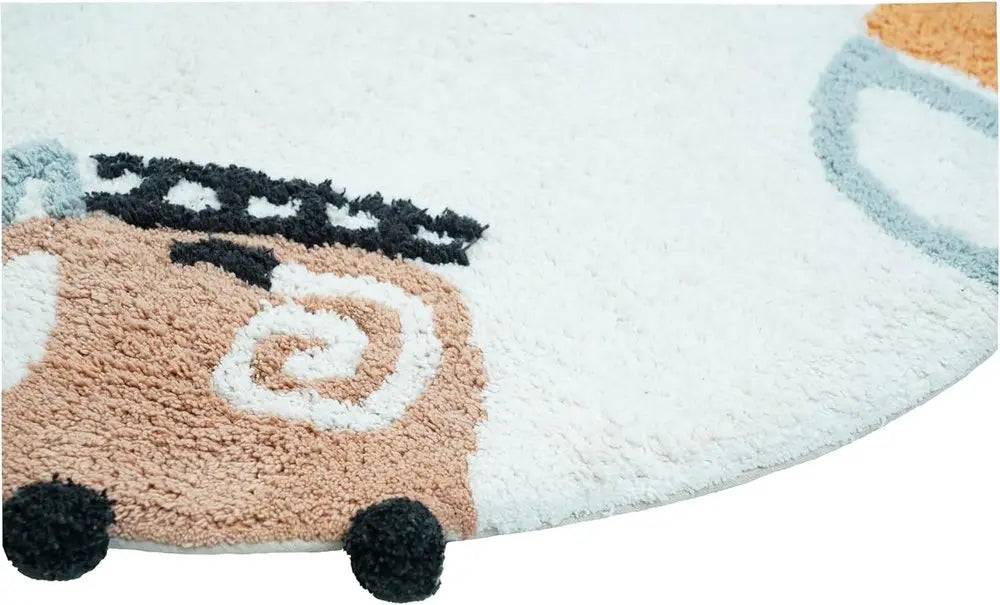 32" Blue Green And White Cotton Cars Round Youthful Bath Rug HomeRoots