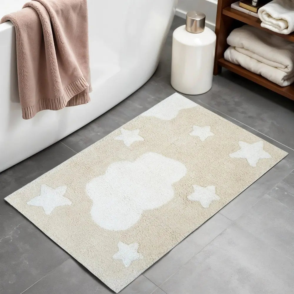 32" White And Beige Cotton Clouds and Stars Youthful Bath Rug HomeRoots