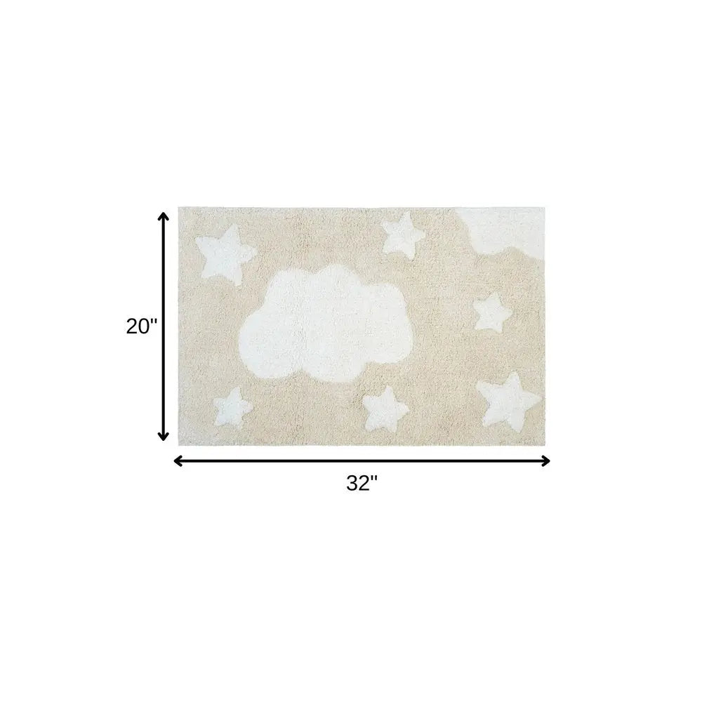 32" White And Beige Cotton Clouds and Stars Youthful Bath Rug HomeRoots