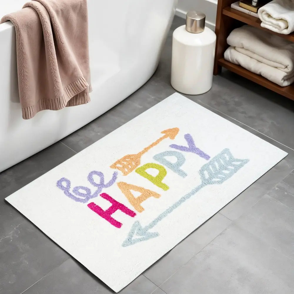 32" White Purple And Green Cotton Be Happy Youthful Bath Rug HomeRoots