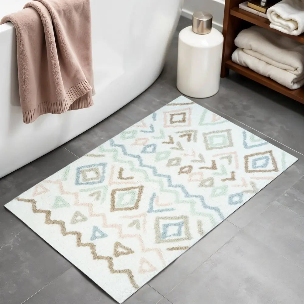 32" Blue Brown And White Cotton Geometric Bath Rug HomeRoots
