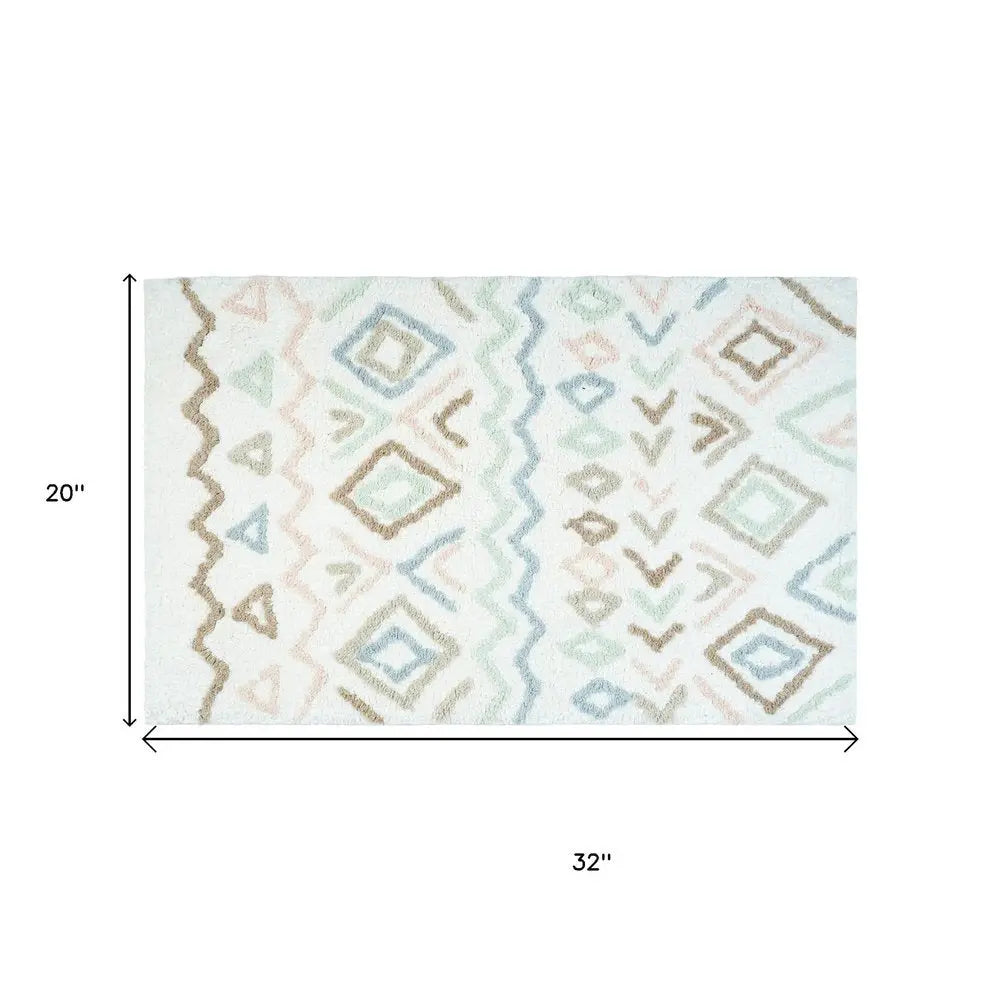 32" Blue Brown And White Cotton Geometric Bath Rug HomeRoots
