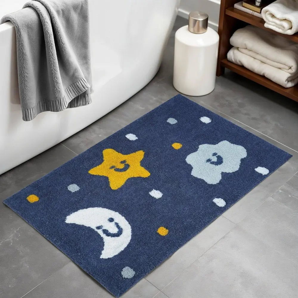 32" White Blue And Yellow Cotton Clouds and Stars Youthful Bath Rug HomeRoots