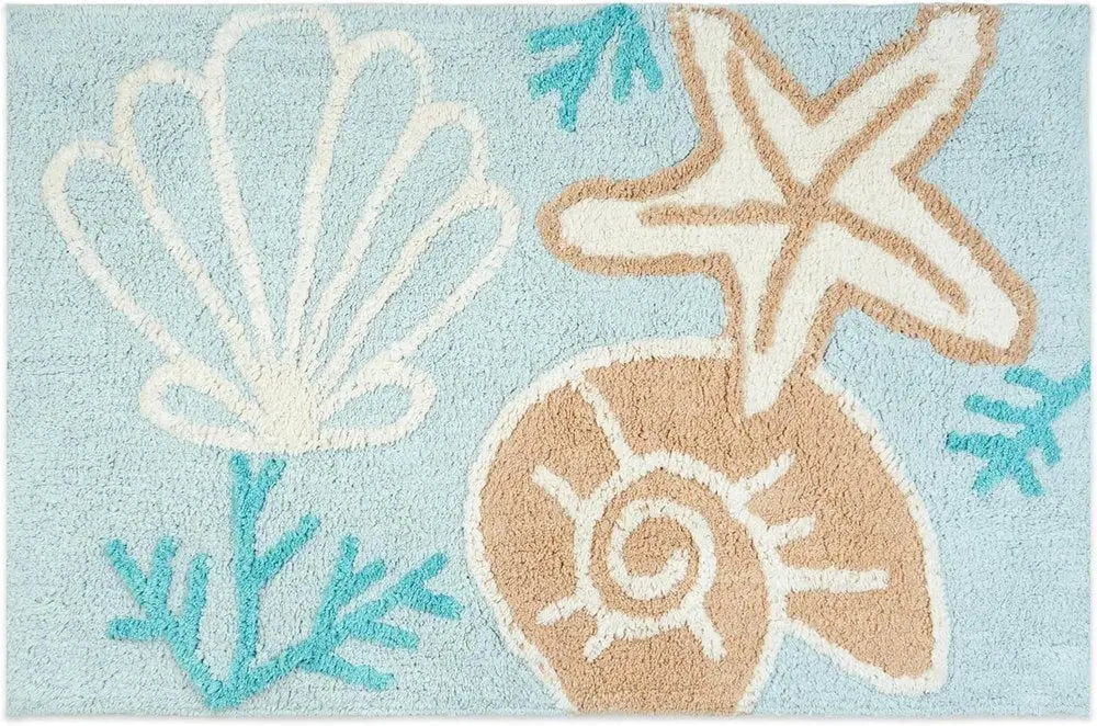 32" Blue Tan And White Cotton Seashells And Coral Bath Rug HomeRoots