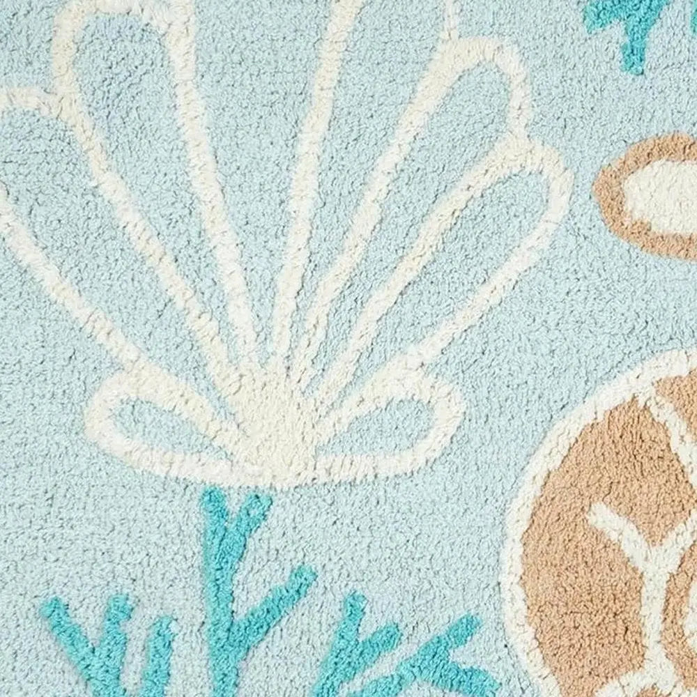 32" Blue Tan And White Cotton Seashells And Coral Bath Rug HomeRoots