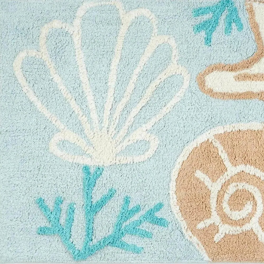 32" Blue Tan And White Cotton Seashells And Coral Bath Rug HomeRoots