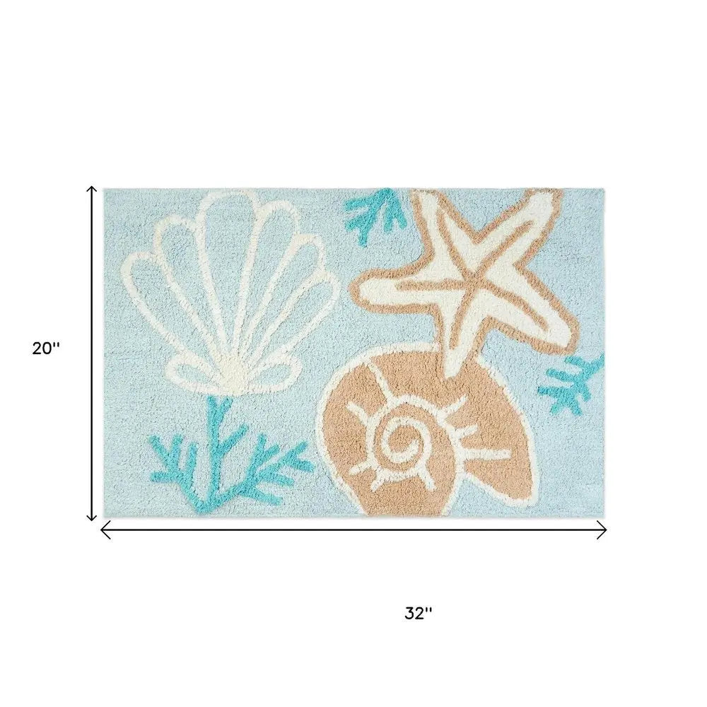 32" Blue Tan And White Cotton Seashells And Coral Bath Rug HomeRoots