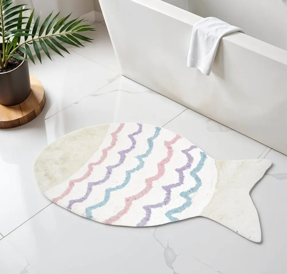 32" White Pink And Purple Cotton Fish Shaped Youthful Bath Rug HomeRoots