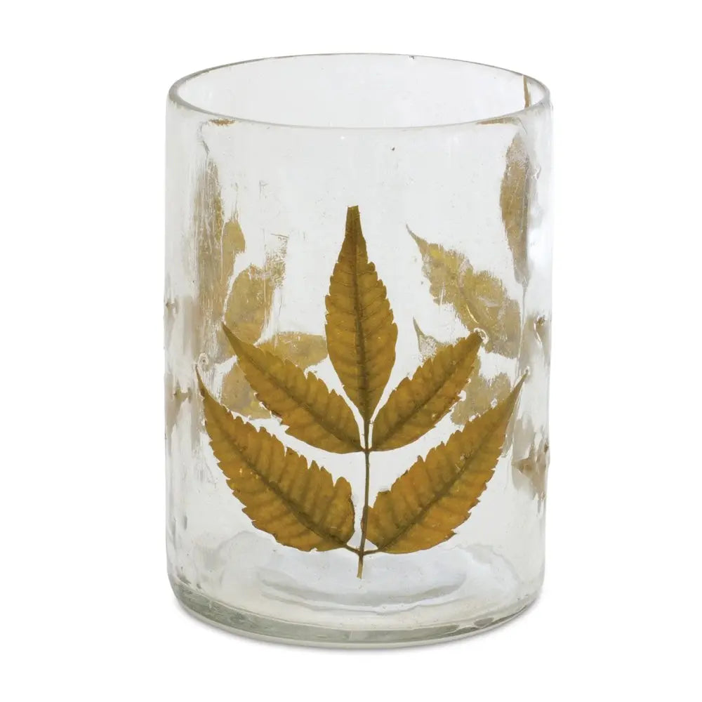 Set of Three Brown Distressed Botanical Leaf Glass Tabletop Hurricane Candle Holders HomeRoots