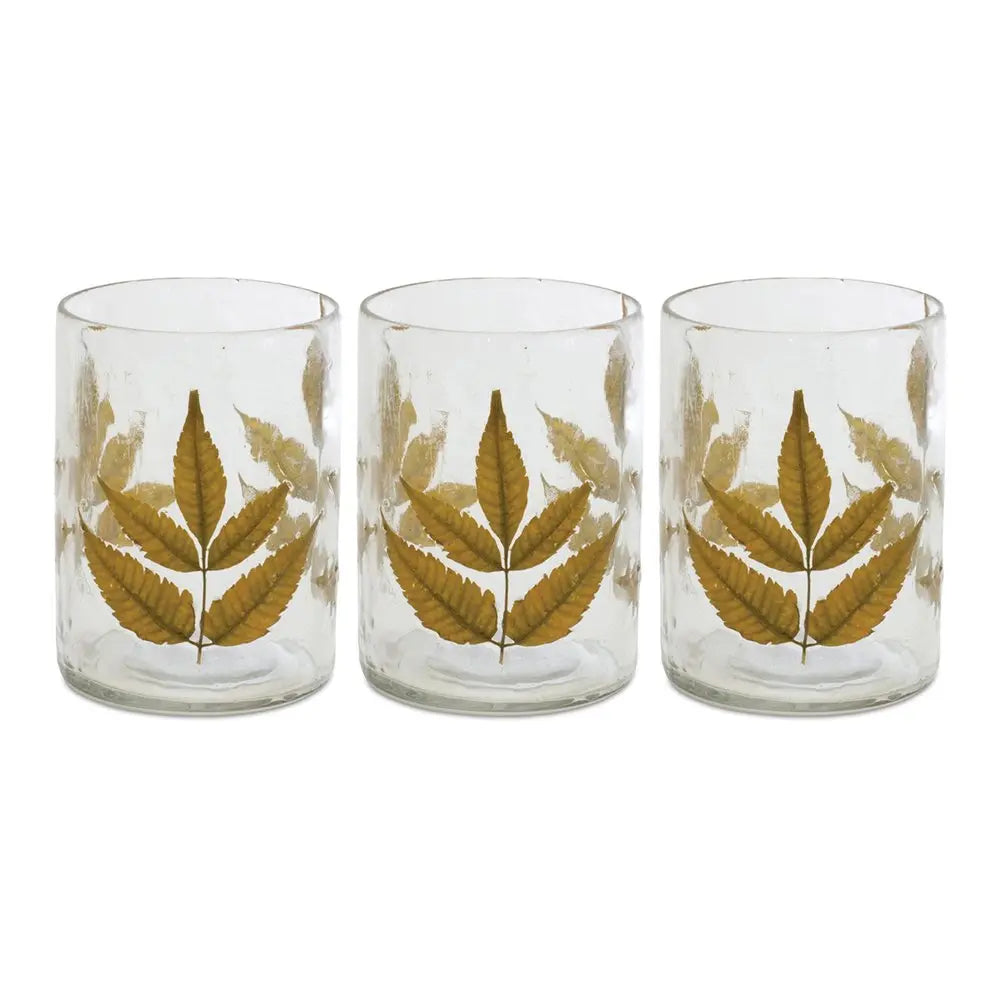 Set of Three Brown Distressed Botanical Leaf Glass Tabletop Hurricane Candle Holders HomeRoots
