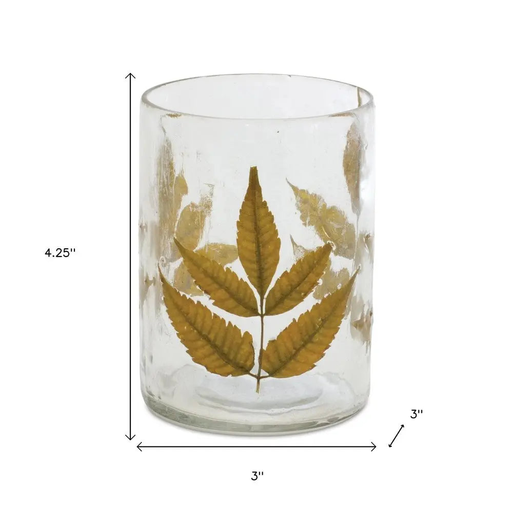 Set of Three Brown Distressed Botanical Leaf Glass Tabletop Hurricane Candle Holders HomeRoots