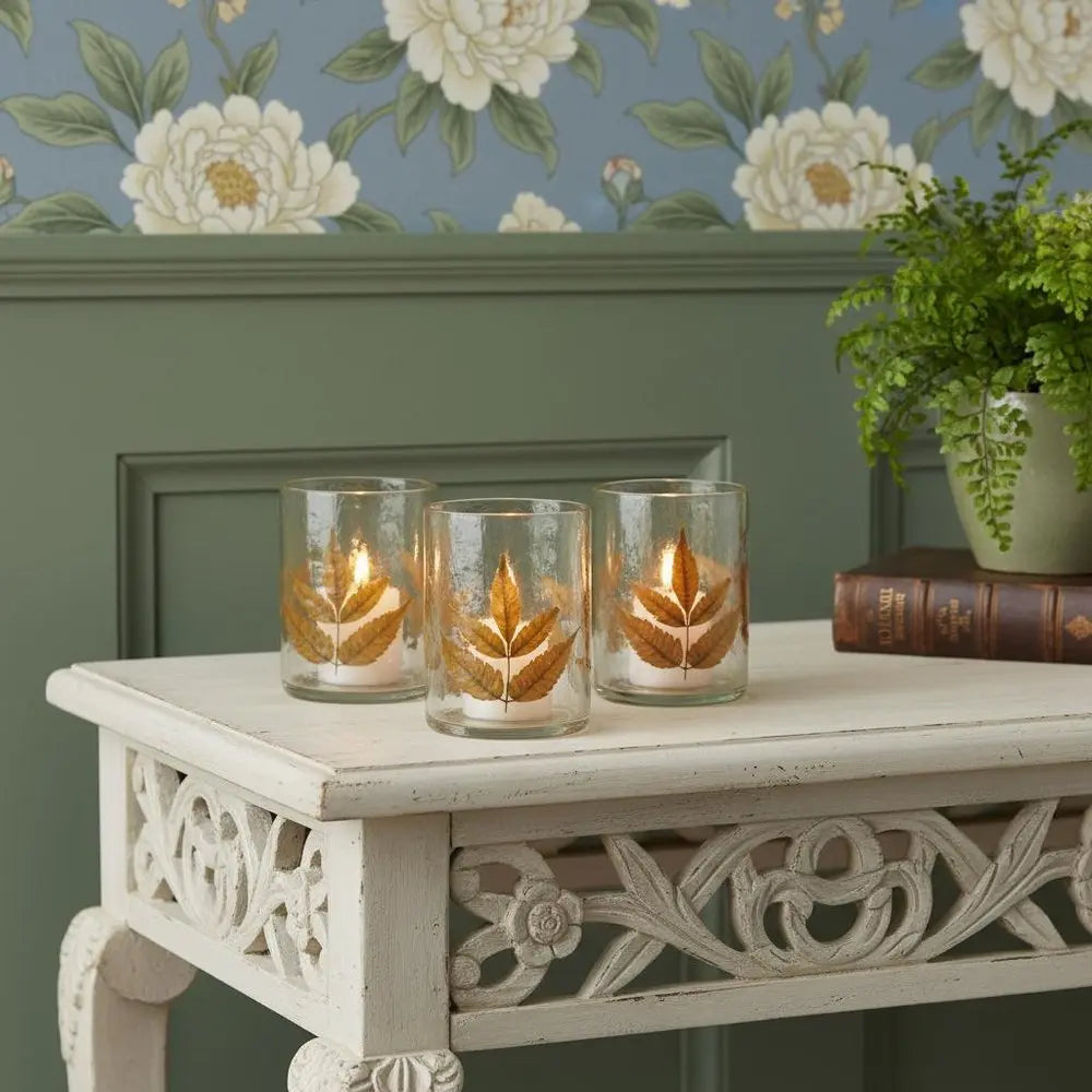 Set of Three Brown Distressed Botanical Leaf Glass Tabletop Hurricane Candle Holders HomeRoots