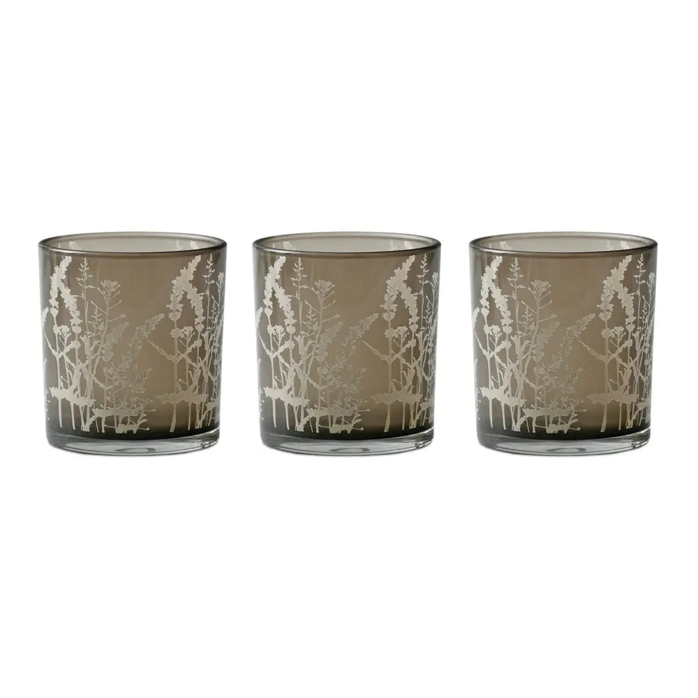 Set of Three Gray Distressed Floral Glass Tabletop Votive Candle Holders HomeRoots
