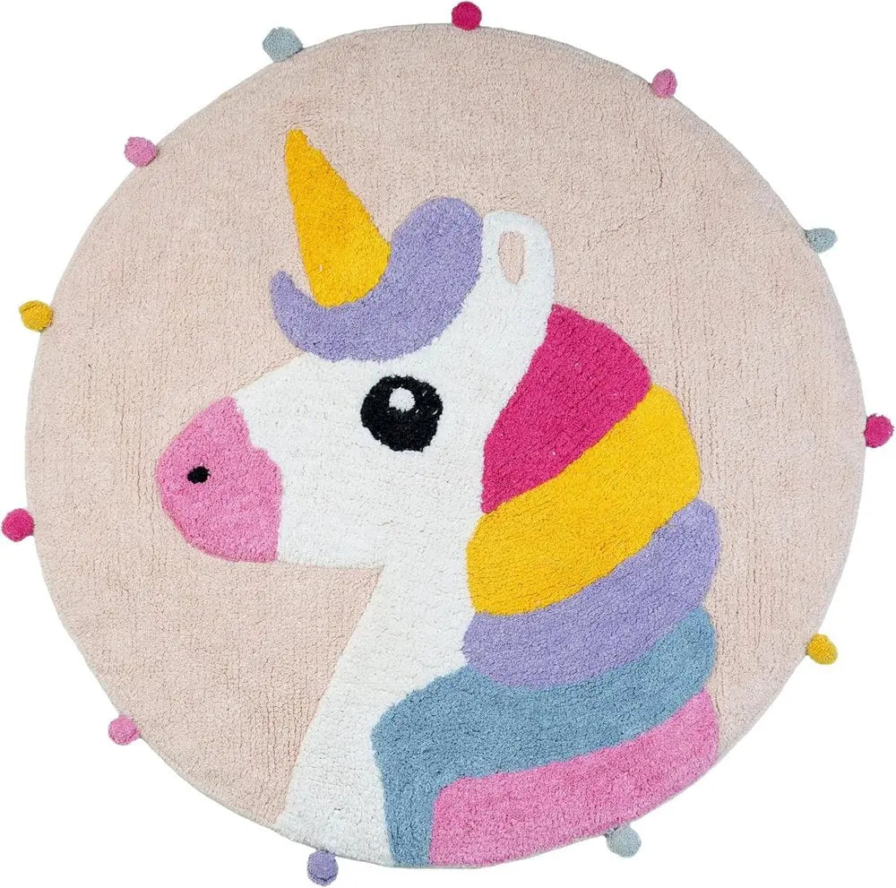 32" Pink And Yellow Cotton Unicorns Round Youthful Bath Rug HomeRoots