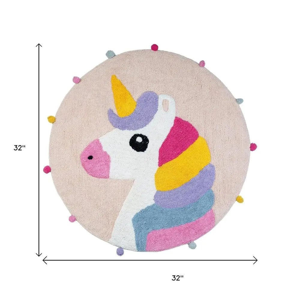 32" Pink And Yellow Cotton Unicorns Round Youthful Bath Rug HomeRoots