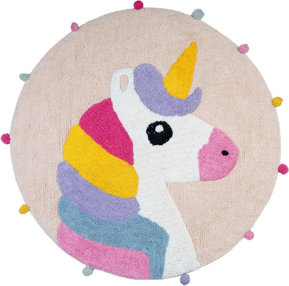 32" Pink And Yellow Cotton Unicorns Round Youthful Bath Rug HomeRoots