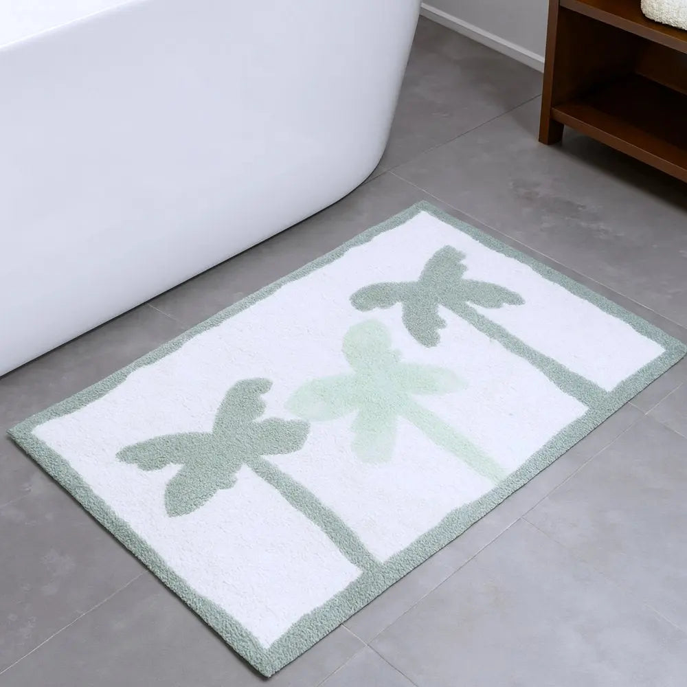 32" Green And White Cotton Palm Trees Bath Rug HomeRoots