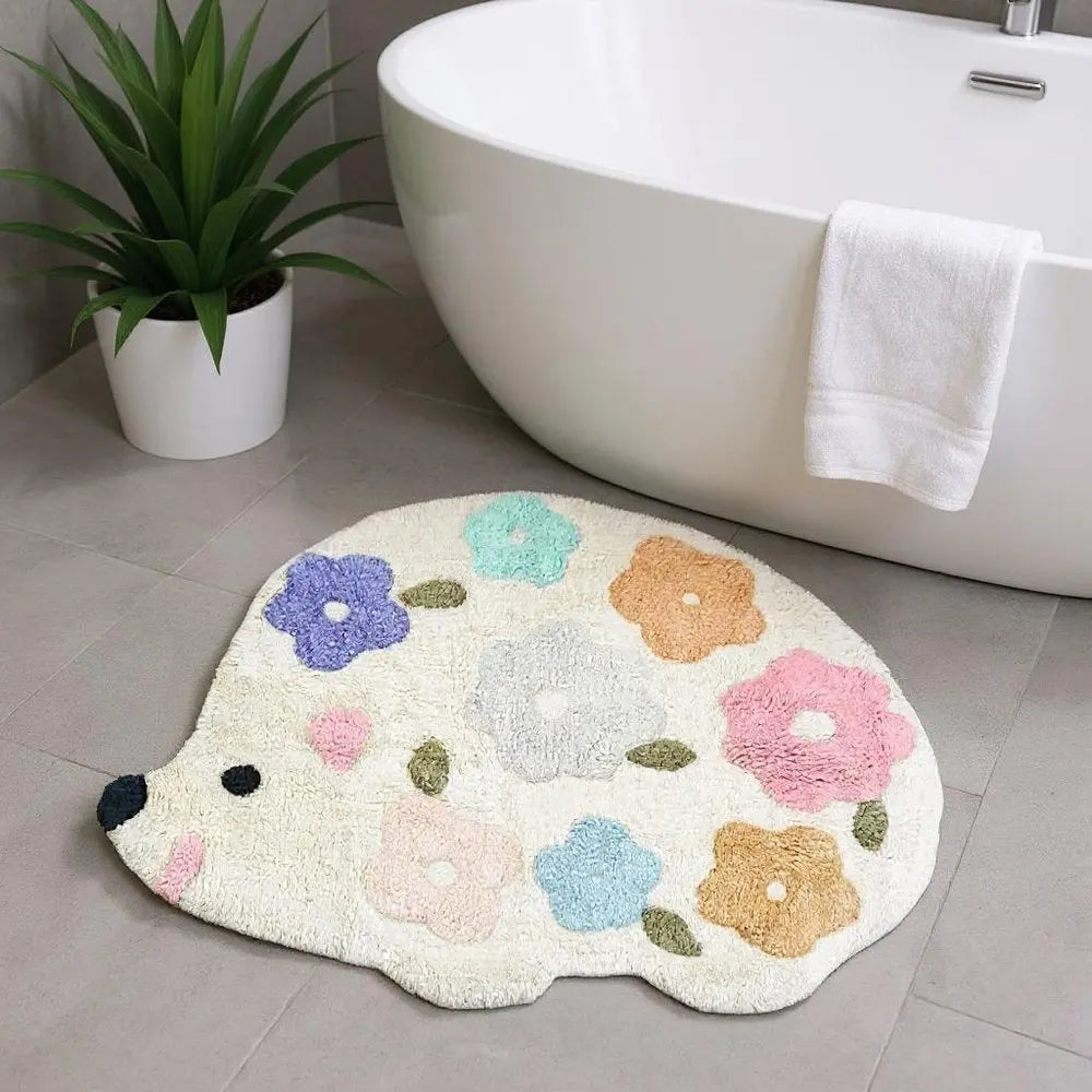 32" White Blue And Pink Cotton Hedgehog Floral Print Bath Rug HomeRoots