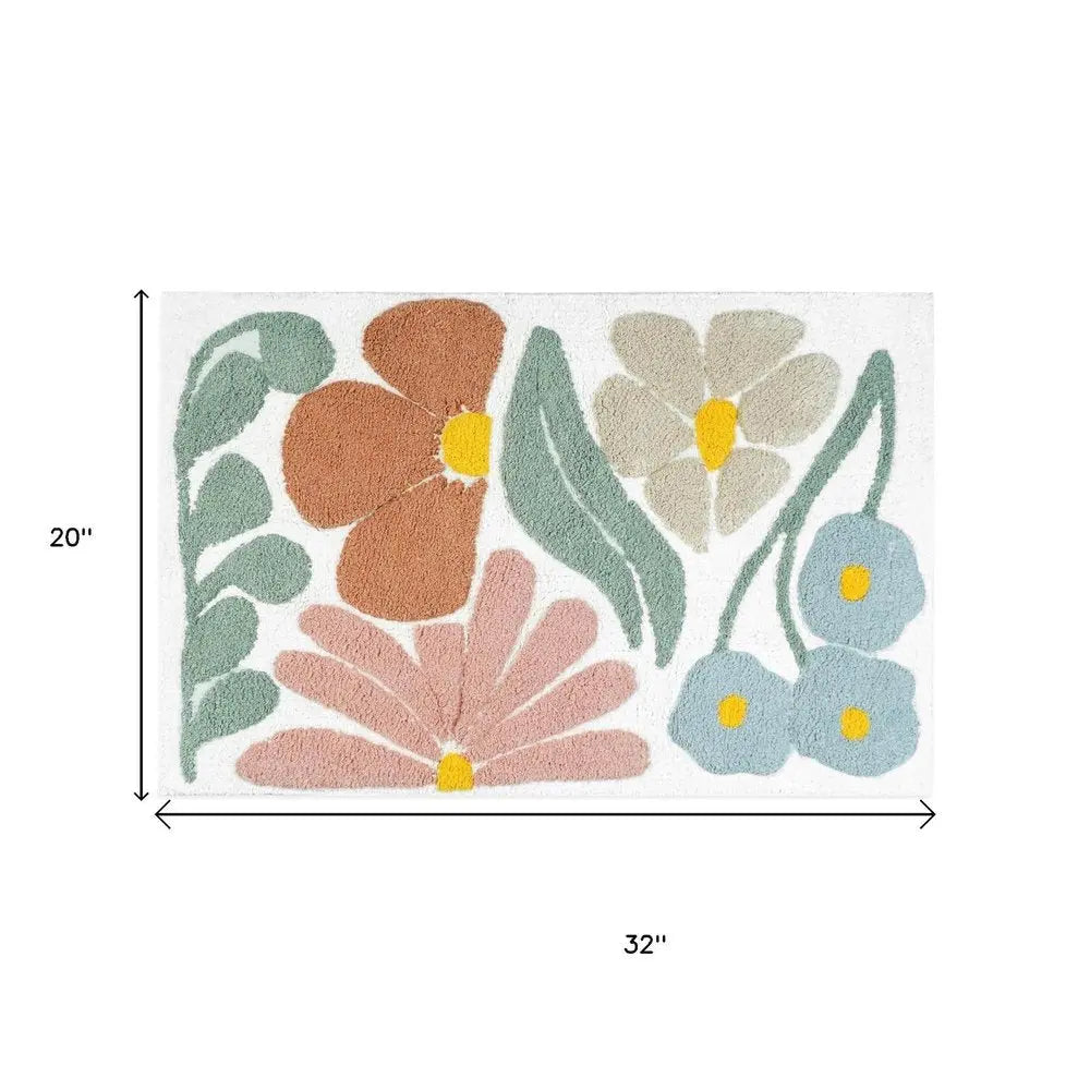 32" Light Blue Red And White Cotton Floral Bath Rug HomeRoots