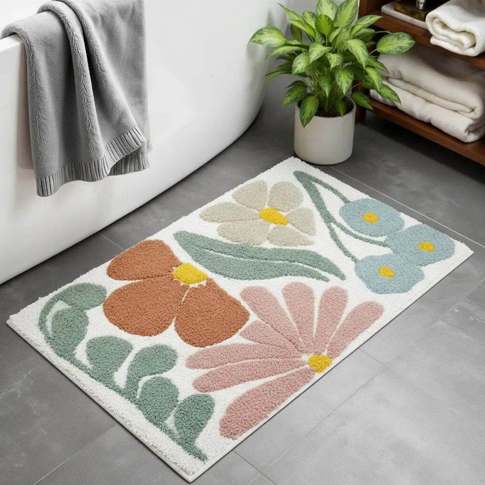 32" Light Blue Red And White Cotton Floral Bath Rug HomeRoots