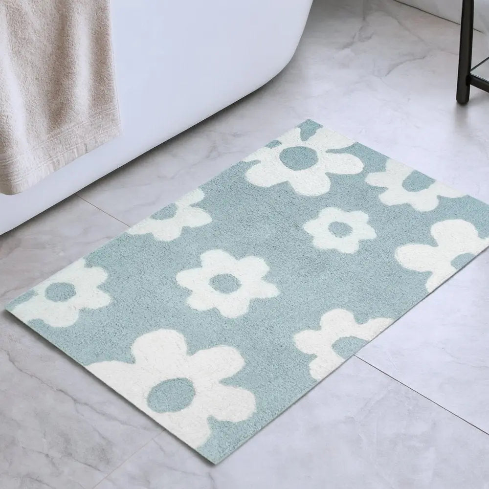 32" Blue And White Cotton Floral Bath Rug HomeRoots