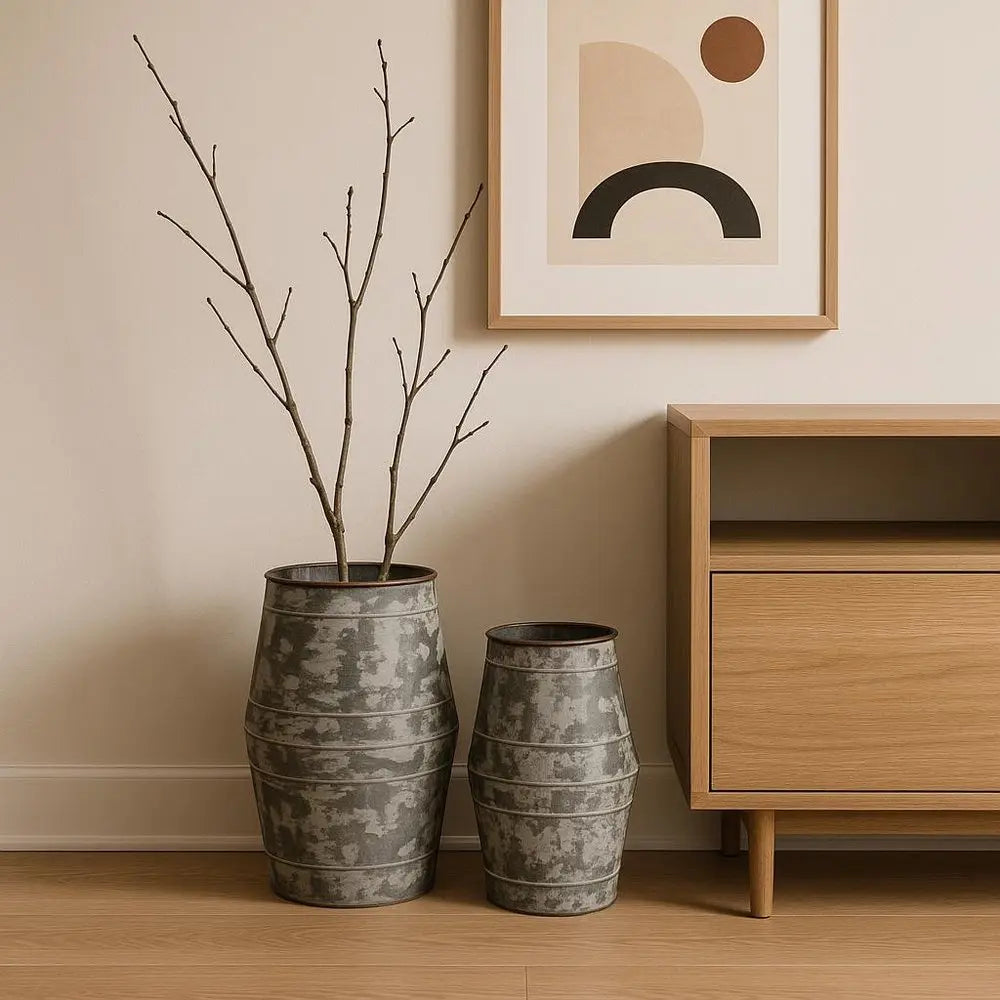 Set of Two Gray Galvanized Metal Cylinder Floor Vases HomeRoots