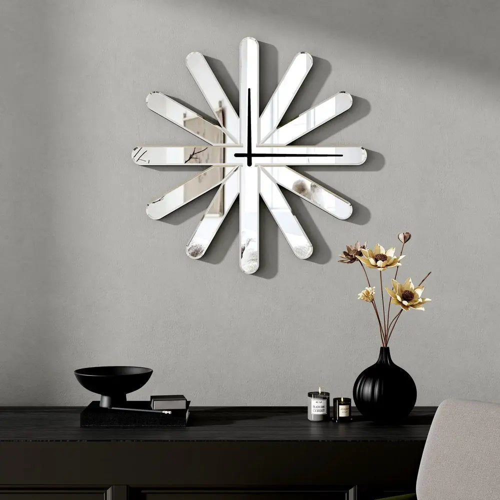 26" Silver Mirrored Glass Silent Analog Starburst Wall Clock HomeRoots