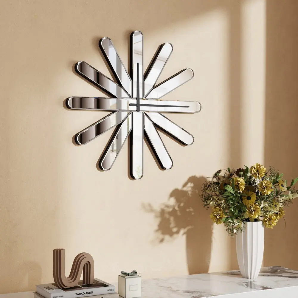 26" Silver Mirrored Glass Silent Analog Starburst Wall Clock HomeRoots