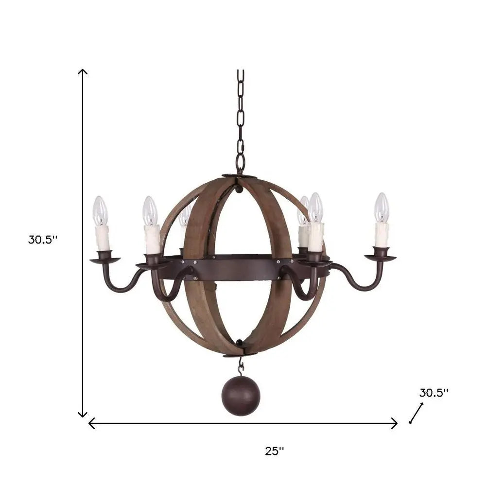 Brown And Black Wood and Metal Sphere Six Light Dimmable Chandelier HomeRoots