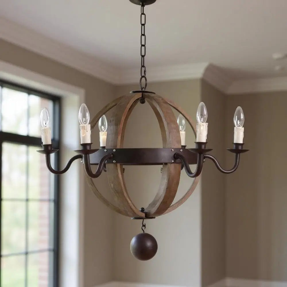 Brown And Black Wood and Metal Sphere Six Light Dimmable Chandelier HomeRoots