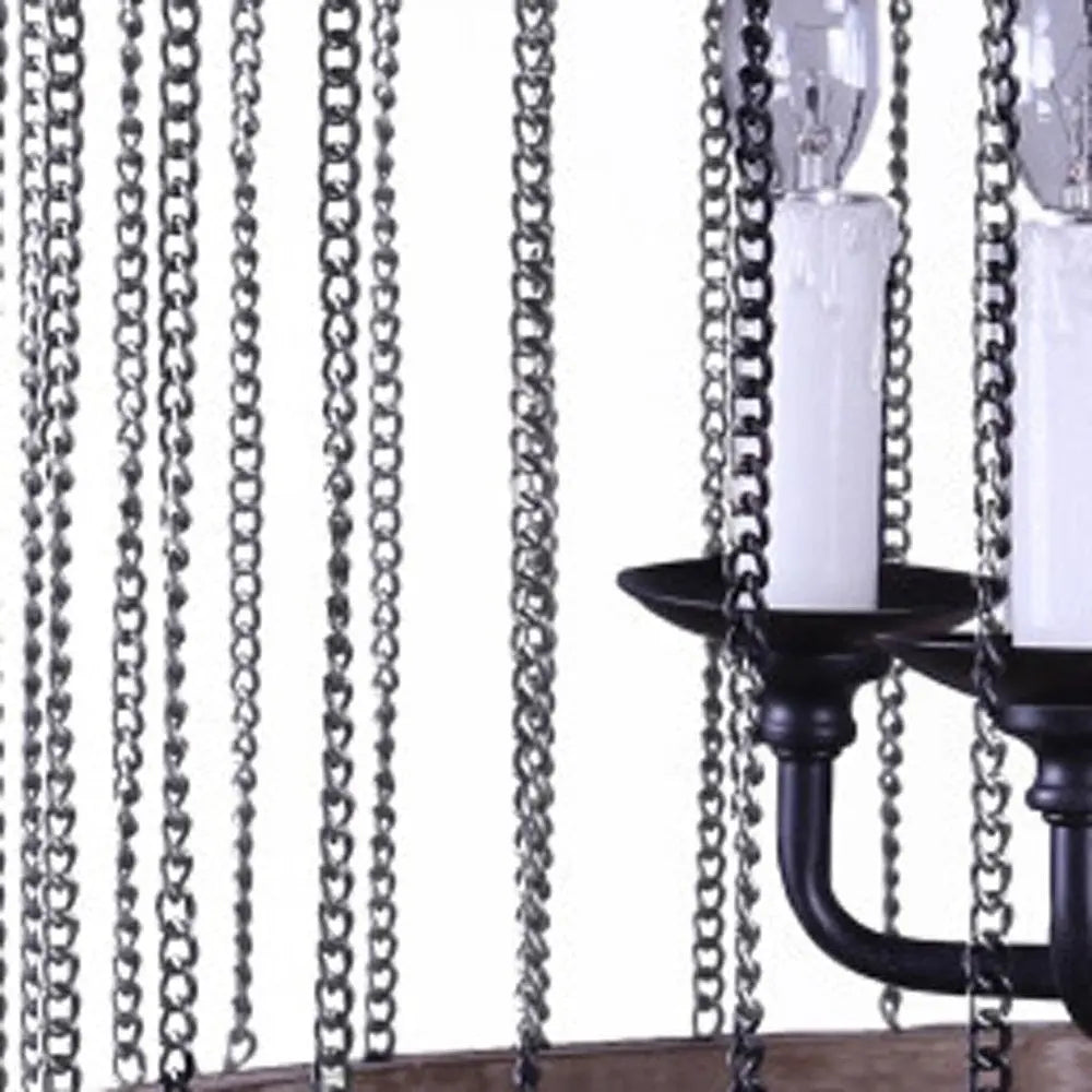 Black And Natural Wood and Metal Cylinder Six Light Dimmable Chandelier HomeRoots