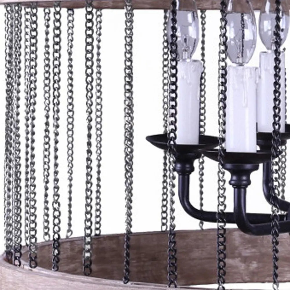 Black And Natural Wood and Metal Cylinder Six Light Dimmable Chandelier HomeRoots