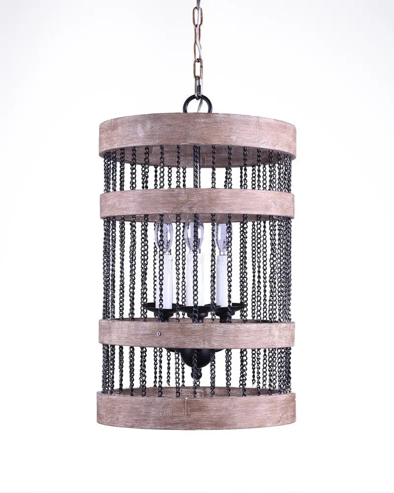 Black And Natural Wood and Metal Cylinder Three Light Dimmable Chandelier HomeRoots