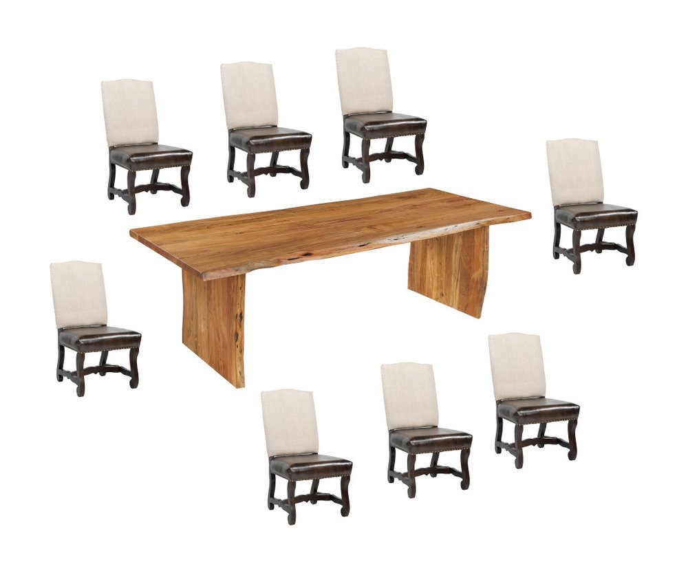 Juego de comedor de nueve piezas de madera maciza marrón con ocho sillas