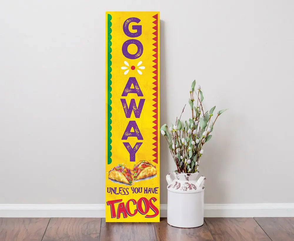 36" X 11" Purple Red And Yellow Go Away Unless You Have Tacos Wood Hanging Wall Decor HomeRoots