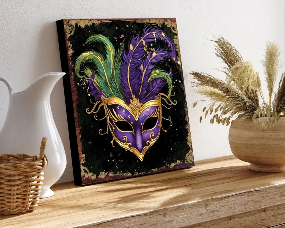 12" X 12" Black Gold And Purple Mardi Gras Canvas Square Hanging Wall Decor HomeRoots