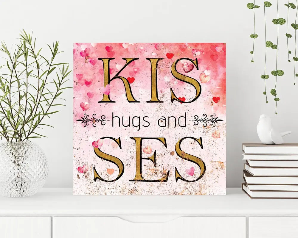 12" X 12" Pink Red And Gold Valentine's Day Hugs and Kisses Canvas Square Wall Decor HomeRoots