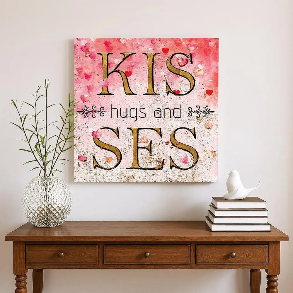 12" X 12" Pink Red And Gold Valentine's Day Hugs and Kisses Canvas Square Wall Decor HomeRoots