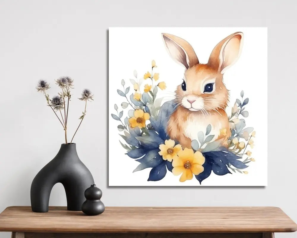 12" X 12" White Yellow And Pink Rabbit Easter Floral Canvas Square Hanging Wall Decor HomeRoots