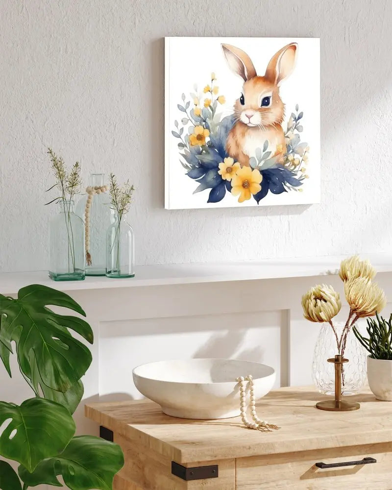 12" X 12" White Yellow And Pink Rabbit Easter Floral Canvas Square Hanging Wall Decor HomeRoots