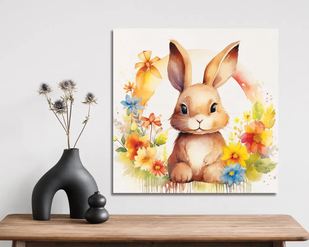12" X 12" White Yellow And Pink Rabbit Easter Floral Canvas Square Hanging Wall Decor HomeRoots