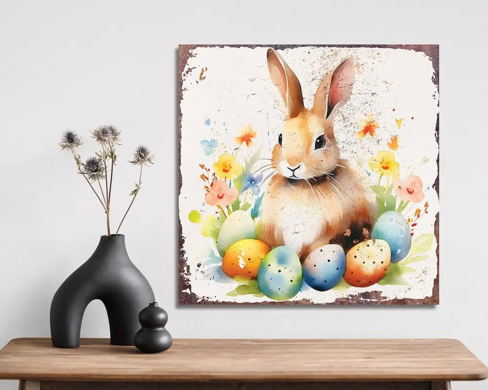 12" X 12" White Yellow And Pink Rabbit Easter Floral Canvas Square Hanging Wall Decor HomeRoots