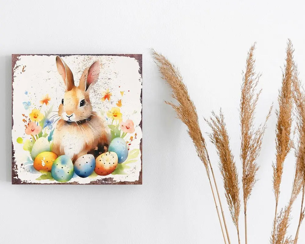 12" X 12" White Yellow And Pink Rabbit Easter Floral Canvas Square Hanging Wall Decor HomeRoots