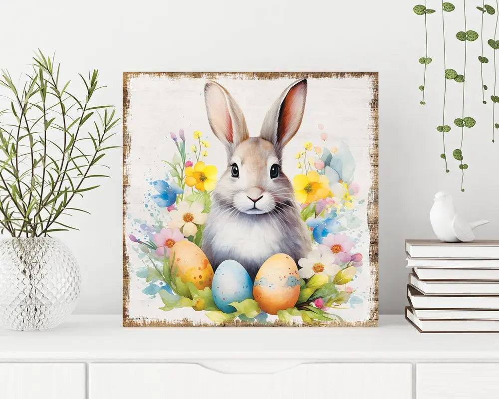 12" X 12" White Yellow And Pink Rabbit Easter Floral Canvas Square Hanging Wall Decor HomeRoots