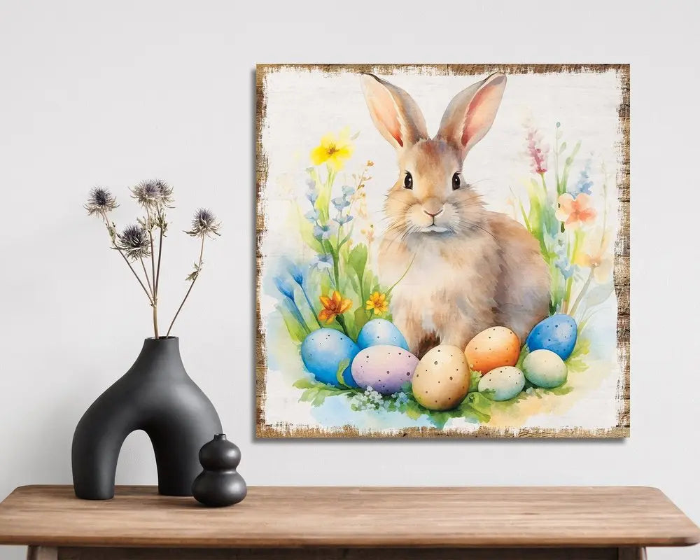 12" X 12" White Yellow And Pink Rabbit Easter Floral Canvas Square Hanging Wall Decor HomeRoots