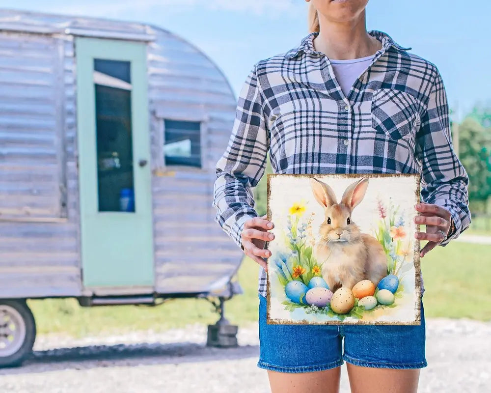 12" X 12" White Yellow And Pink Rabbit Easter Floral Canvas Square Hanging Wall Decor HomeRoots